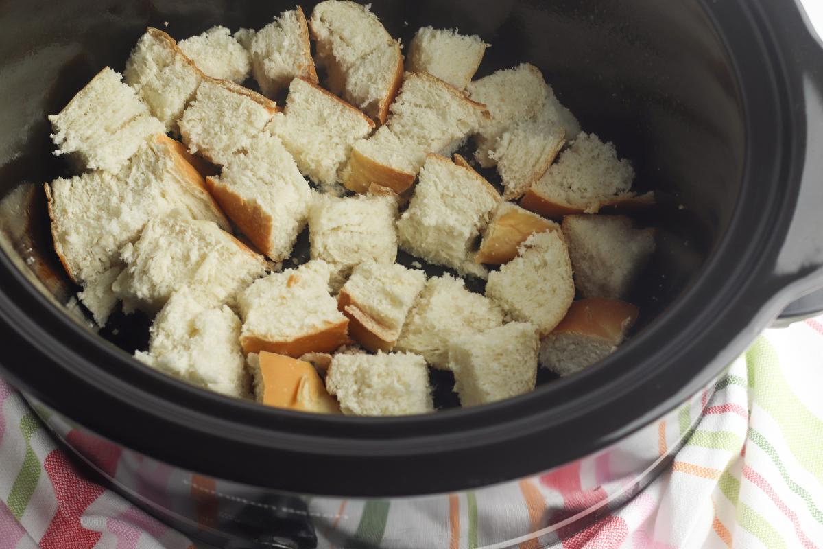 a layer of French bread cubed in the bottom of a crockpot for a breakfast casserole.