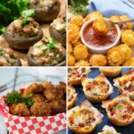 4 of the featured appetizers for New Years Eve including potato skin bites, mini quiches and shrimp bites.