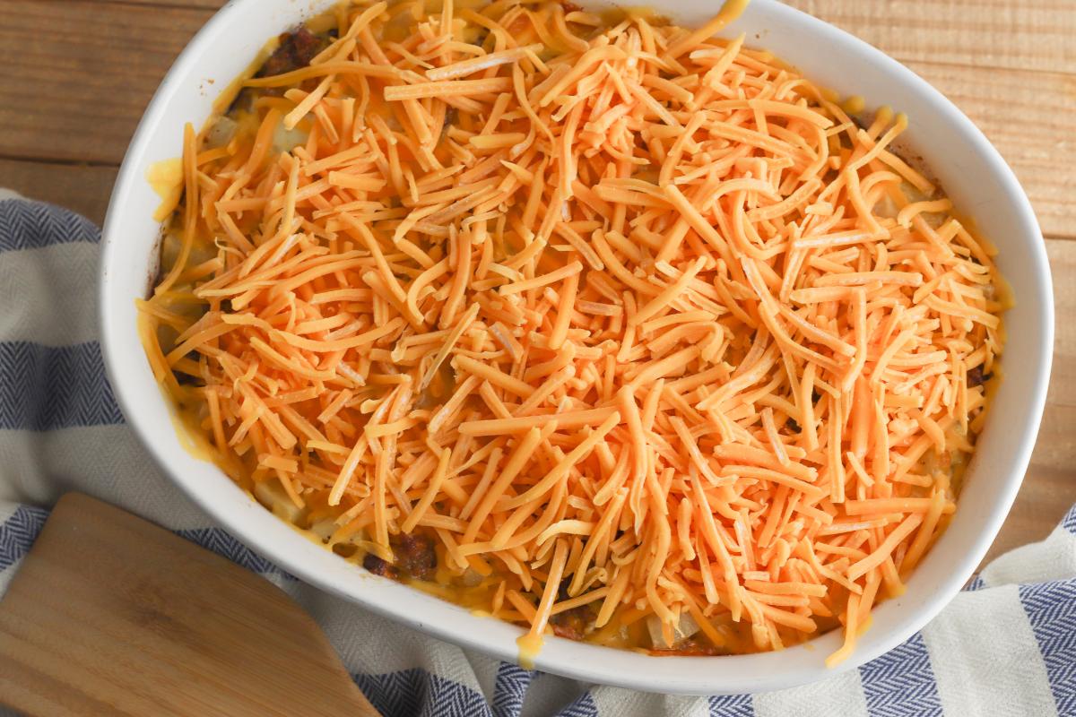 cheese sprinkled over the top of the breakfast casserole.