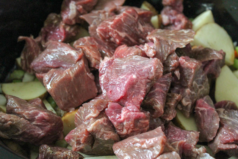 diced beef a cheaper cut of meat ideal for using in the slow cooker to save money on family meals