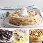 collage of fun waffle recipes for kids and families on hey mom whats cooking a large sprinkle waffle with ice cream on top at the top with 3 images below brownie waffle sandwich, cinnamon roll waffles stacked with cream cheese frosting and a delicious blueberry belgian waffle with butter melting on the top