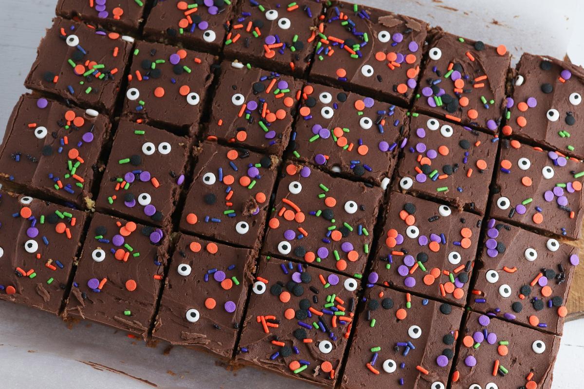 Halloween Cake Bar Squares ready to serve to people for Halloween Treats.