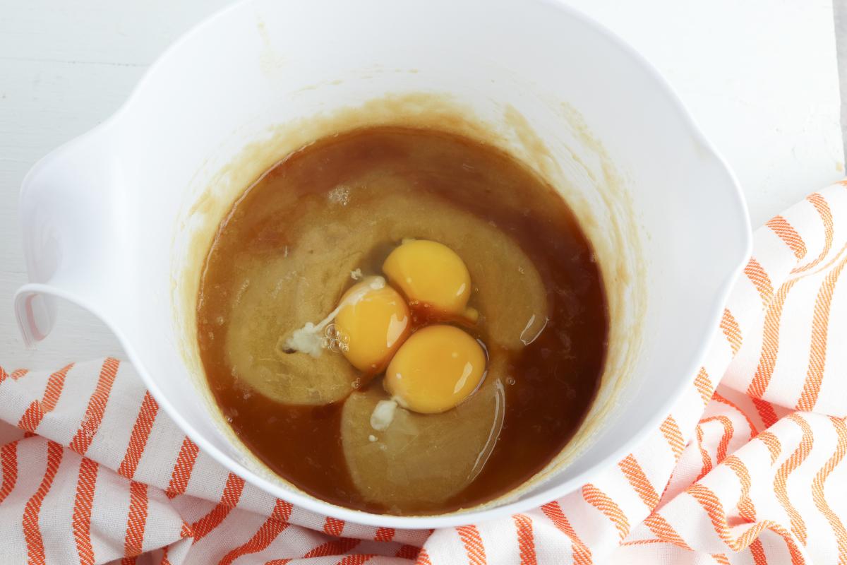wet ingredients in a bowl for making blondies.